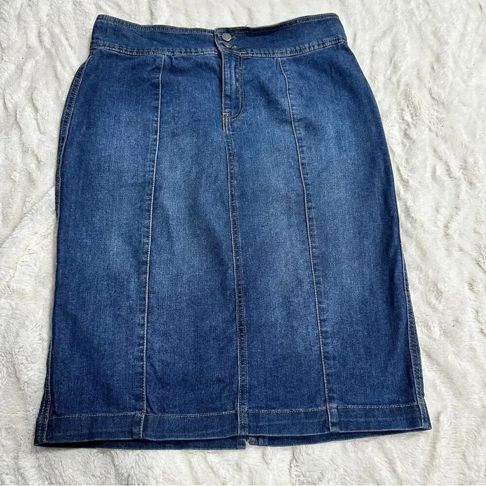 One 5 One Size L Classic Blue Jean Skirt KneeLength Stretch Denim BusinessCasual - Picture 2 of 10